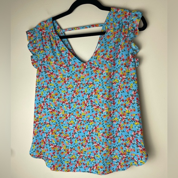 Loft Womans Blue Floral Flutter Sleeveless Top Size Medium Bar Back Blouse - Picture 1 of 7